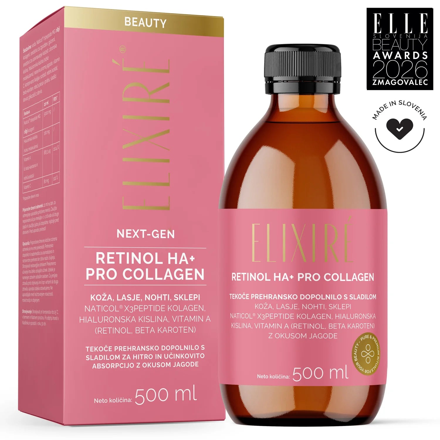 Elixiré Retinol HA+ PRO Collagen, okus jagode, 500 ml – škatla in steklenička (ELLE Beauty Awards 2026 zmagovalec)