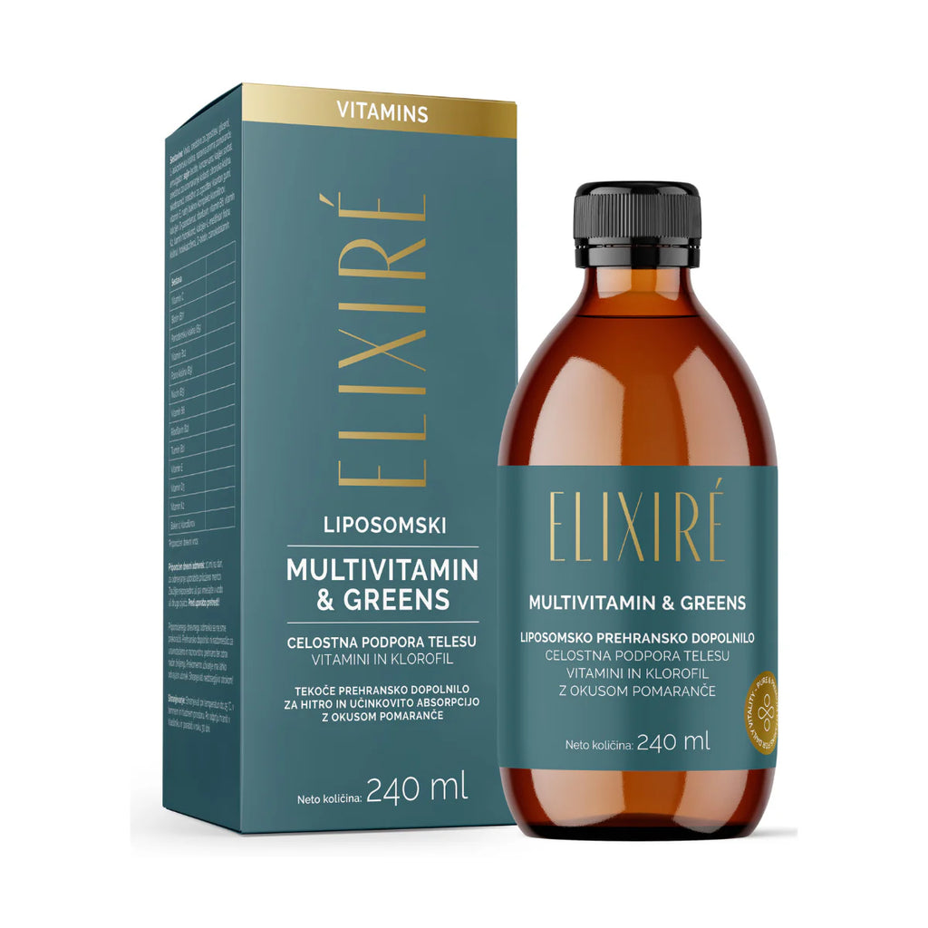 Elixiré Liposomski Multivitamin & Greens, okus pomaranče, 240 ml – škatla in steklenička