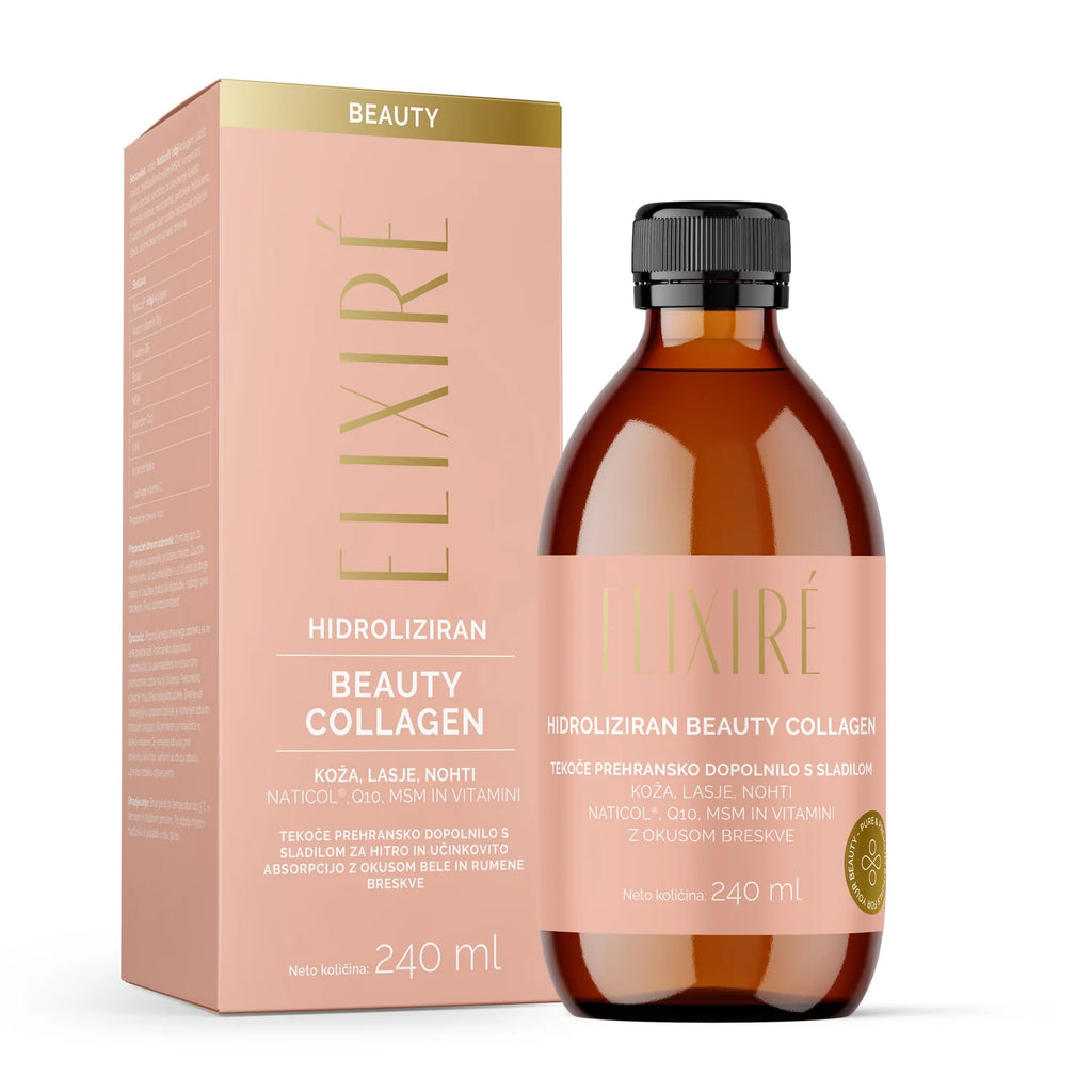 Elixiré Hidroliziran Beauty Collagen, okus bele in rumene breskve, 240 ml – škatla in steklenička