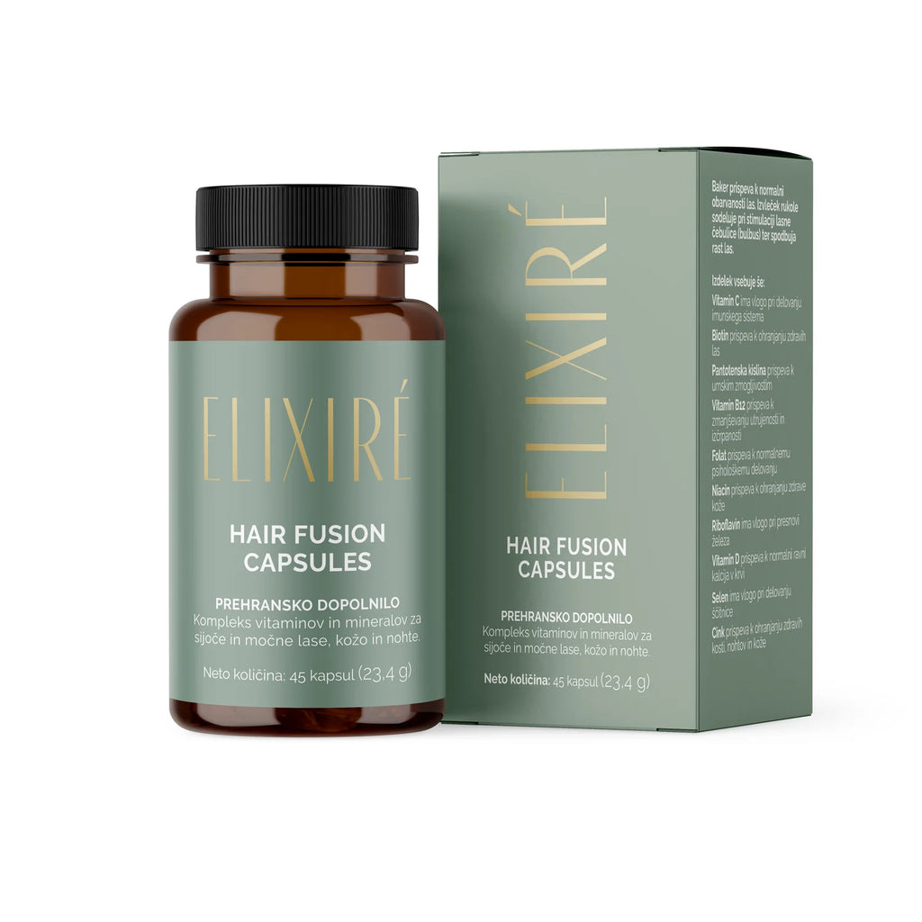 Elixiré Hair Fusion Capsules — 45 kapsul, prehransko dopolnilo za lase, kožo in nohte (steklenička in škatla)