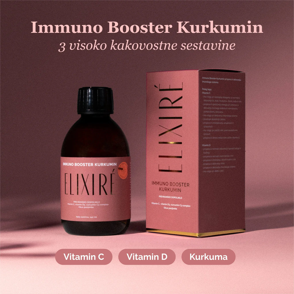 Elixiré Immuno Booster Kurkumin — 3 visoko kakovostne sestavine: Vitamin C, Vitamin D in Kurkuma