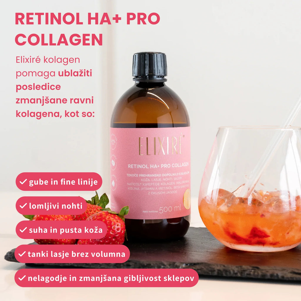 Elixiré Retinol HA+ PRO Collagen v jagodnem koktajlu pomaga proti gubam, lomljivim nohtom in suhi koži