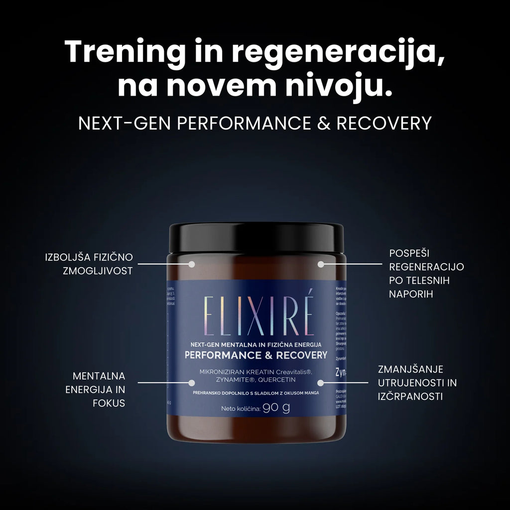 Trening in regeneracija na novem nivoju — 4 ključne koristi Elixiré Next-Gen Performance & Recovery: izboljša zmogljivost, pospeši regeneracijo, mentalna energija in fokus, zmanjšanje utrujenosti