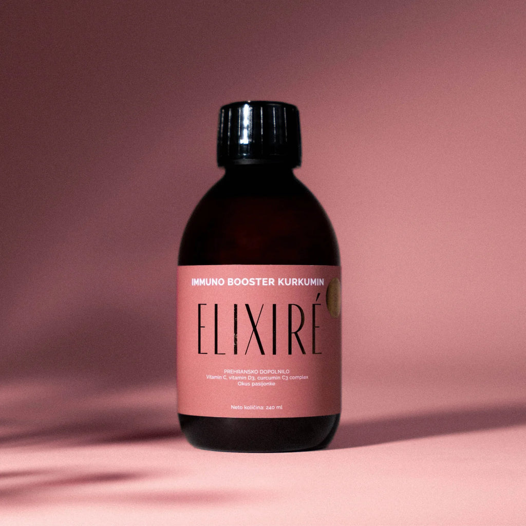 Elixiré Immuno Booster Kurkumin — bližinski posnetek stekleničke