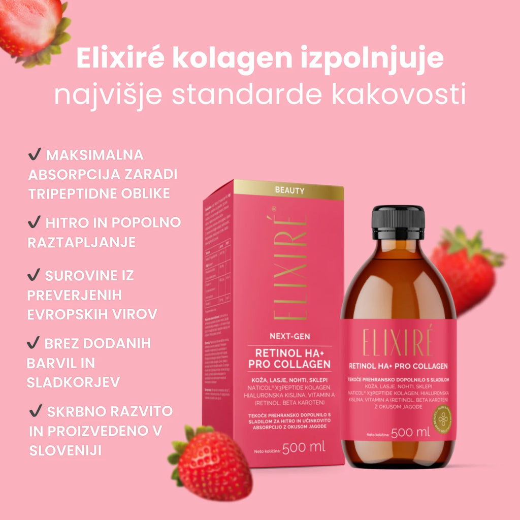 Elixiré Retinol HA+ PRO Collagen 500 ml – najvišji standardi kakovosti, izdelano v Sloveniji, GMP certificiran